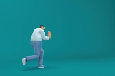 cartoon character wearing jeans and  long shirt. He is pulling or pushing something. 3d rendering in acting.