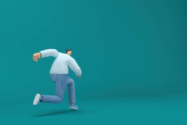 cartoon character wearing jeans and  long shirt. He is running. 3d rendering in acting.