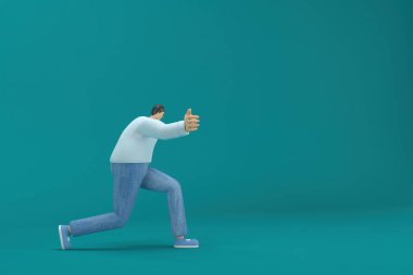 cartoon character wearing jeans and  long shirt. He is pulling or pushing something. 3d rendering in acting.