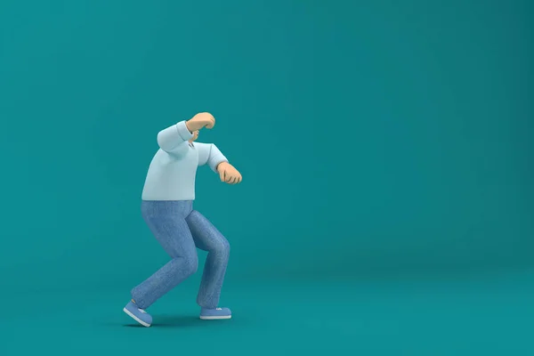 cartoon character wearing jeans and white long shirt. 3d rendering in acting. He is doing exercise.