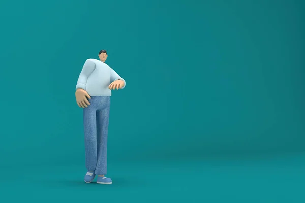 Çizgi Film Karakteri Kot Pantolon Uzun Gömlek Giyiyor Konuşurken Vücudunun — Stok fotoğraf