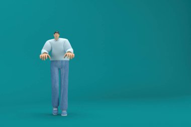 Çizgi film karakteri kot pantolon ve uzun gömlek giyiyor. O, konuşurken vücudunun ve elinin ifadesidir. Oyunculukta 3d canlandırma.