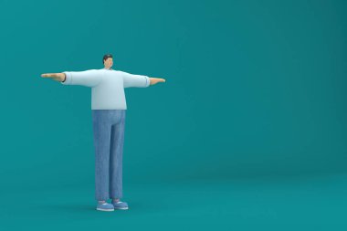 Çizgi film karakteri kot pantolon ve uzun gömlek giyiyor. O, kollarını açmış ayakta duruyor. Oyunculukta 3d canlandırma.