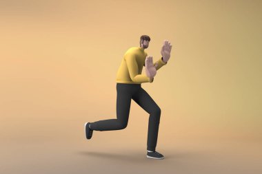 Sıradan giyinmiş bir adam iterken ya da çekerken jest yapıyor. Bir çizgi film karakterinin 3 boyutlu canlandırması