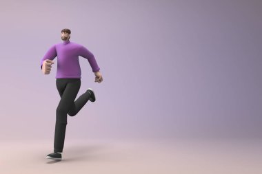 Sıradan giyinmiş bir adam iterken ya da koşarken jest yapıyor. Bir çizgi film karakterinin 3 boyutlu canlandırması