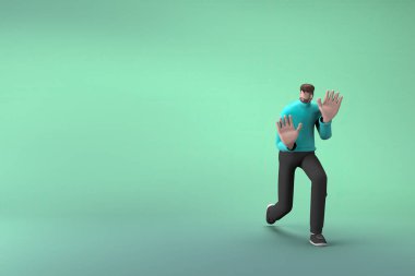 Sıradan giyinmiş bir adam iterken ya da çekerken jest yapıyor. Bir çizgi film karakterinin 3 boyutlu canlandırması