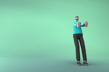 Sıradan giyinmiş bir adam iterken ya da çekerken jest yapıyor. Bir çizgi film karakterinin 3 boyutlu canlandırması