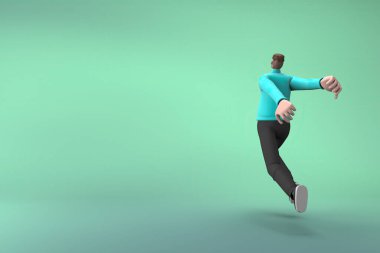 Sıradan giyinmiş bir adam iterken ya da koşarken jest yapıyor. Bir çizgi film karakterinin 3 boyutlu canlandırması