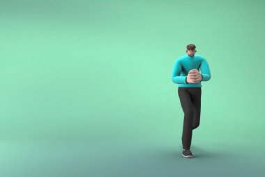 Sıradan giyinmiş bir adam iterken ya da çekerken jest yapıyor. Bir çizgi film karakterinin 3 boyutlu canlandırması