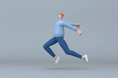 Sıradan giyinmiş bir adam iterken ya da koşarken jest yapıyor. Bir çizgi film karakterinin 3 boyutlu canlandırması