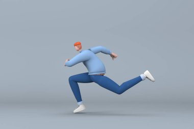 Sıradan giyinmiş bir adam iterken ya da koşarken jest yapıyor. Bir çizgi film karakterinin 3 boyutlu canlandırması