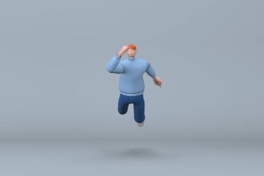 Sıradan giyinmiş adamlar zıplıyor. Çizgi film karakterlerinin 3B canlandırması