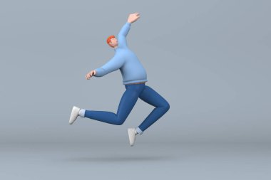 Sıradan giyinmiş adamlar zıplıyor. Çizgi film karakterlerinin 3B canlandırması