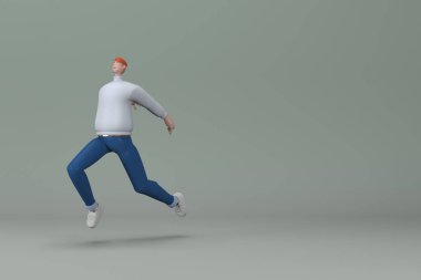 Sıradan giyinmiş bir adam iterken ya da koşarken jest yapıyor. Bir çizgi film karakterinin 3 boyutlu canlandırması