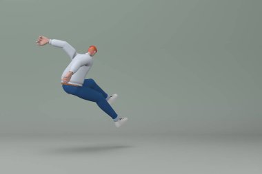 Sıradan giyinmiş adamlar zıplıyor. Çizgi film karakterlerinin 3B canlandırması