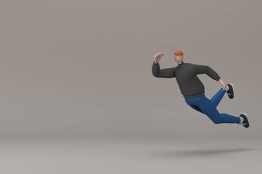 Sıradan giyinmiş adamlar zıplıyor. Çizgi film karakterlerinin 3B canlandırması