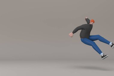 Sıradan giyinmiş adamlar zıplıyor. Çizgi film karakterlerinin 3B canlandırması