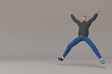 Sıradan giyinmiş adamlar zıplıyor. Çizgi film karakterlerinin 3B canlandırması