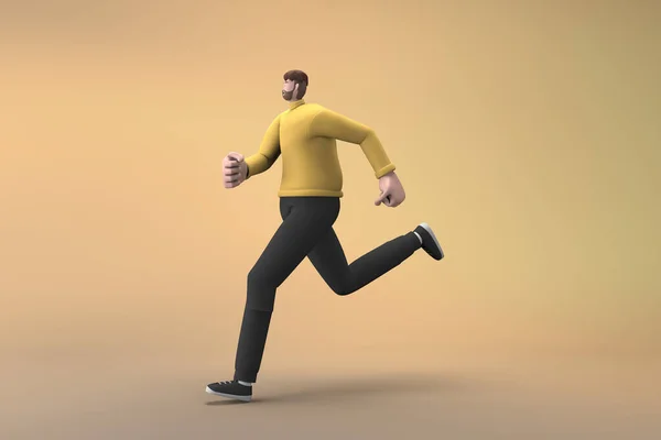 Man Casual Clothes Making Gestures While Pushing Running Rendering Cartoon — Stock Photo, Image