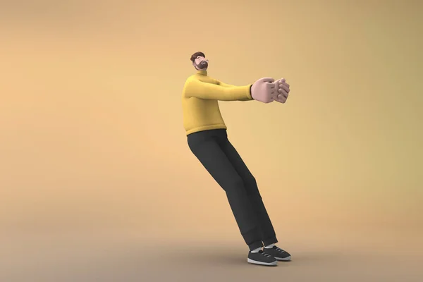 押したり引いたりしながらジェスチャーをするカジュアルな服の男 漫画のキャラクターの3Dレンダリング — ストック写真