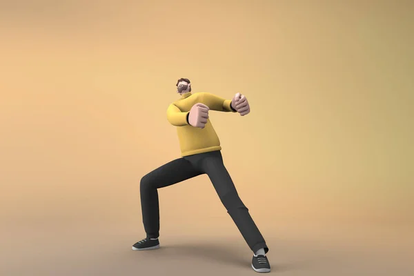 押したり引いたりしながらジェスチャーをするカジュアルな服の男 漫画のキャラクターの3Dレンダリング — ストック写真