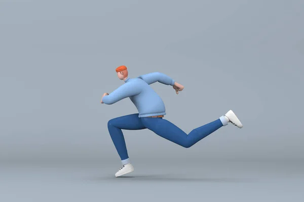 穿着休闲装的人在推挤或奔跑时做手势 卡通人物的3D渲染 — 图库照片