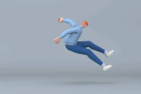 カジュアルな服装の男性がジャンプしている 漫画のキャラクターの3Dレンダリング — ストック写真