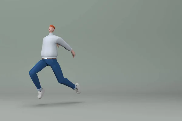 押したり走ったりしながらジェスチャーをするカジュアルな服の男 漫画のキャラクターの3Dレンダリング — ストック写真