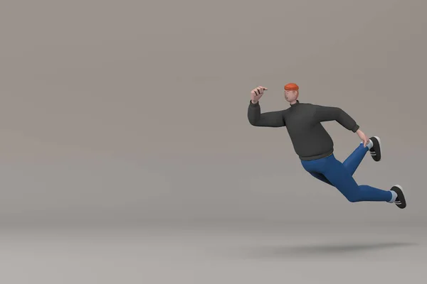 カジュアルな服装の男性がジャンプしている 漫画のキャラクターの3Dレンダリング — ストック写真