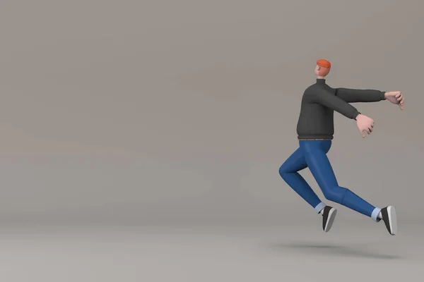 押したり走ったりしながらジェスチャーをするカジュアルな服の男 漫画のキャラクターの3Dレンダリング — ストック写真
