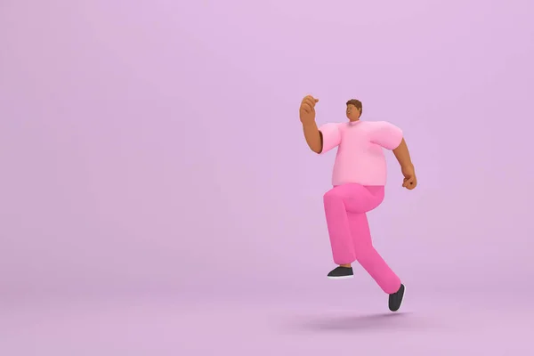 The black man with pink clothes.  He is running. 3d rendering of cartoon character in acting.