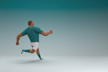 Yeşil gömlek ve beyaz pantolon giyen bir atlet koşuyor. Oyunculuktaki çizgi film karakterinin 3d canlandırması.