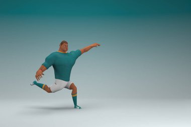 Yeşil gömlek ve beyaz pantolon giyen bir sporcu. Egzersiz yapıyor. Oyunculuktaki çizgi film karakterinin 3d canlandırması.