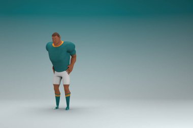 Yeşil gömlek ve beyaz pantolon giyen bir sporcu. Üzgün ya da acı çekiyor. Oyunculuktaki çizgi film karakterinin 3d canlandırması.