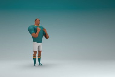 Yeşil gömlek ve beyaz pantolon giyen bir atlet konuşurken el ifadesidir. Oyunculuktaki çizgi film karakterinin 3d canlandırması.