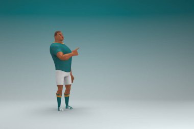 Yeşil gömlek ve beyaz pantolon giyen bir atlet konuşurken el ifadesidir. Oyunculuktaki çizgi film karakterinin 3d canlandırması.