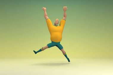 Sarı gömlek ve yeşil pantolon giyen bir atlet. Egzersiz yapıyor. Oyunculuktaki çizgi film karakterinin 3d canlandırması.