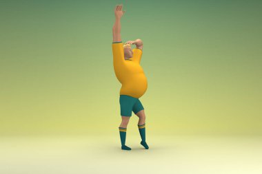 Sarı gömlek ve yeşil pantolon giyen bir atlet. Egzersiz yapıyor. Oyunculuktaki çizgi film karakterinin 3d canlandırması.
