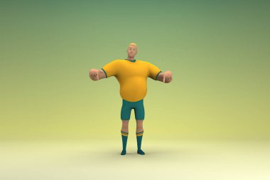 Sarı gömlek ve yeşil pantolon giyen bir atlet konuşurken el ifadesidir. Oyunculuktaki çizgi film karakterinin 3d canlandırması.