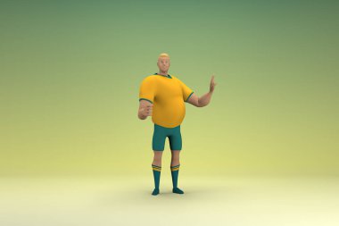 Sarı gömlek ve yeşil pantolon giyen bir atlet konuşurken el ifadesidir. Oyunculuktaki çizgi film karakterinin 3d canlandırması.