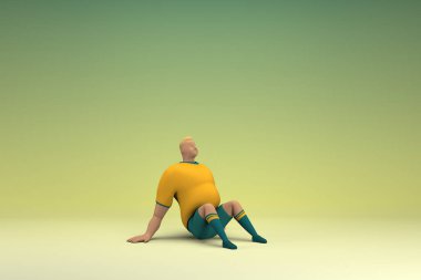 An athlete wearing a yellow shirt and green pants. He is sitting. 3d rendering of cartoon character in acting.
