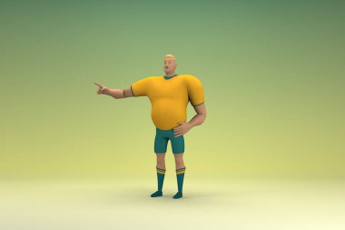 Sarı gömlek ve yeşil pantolon giyen bir atlet konuşurken el ifadesidir. Oyunculuktaki çizgi film karakterinin 3d canlandırması.