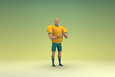 Sarı gömlek ve yeşil pantolon giyen bir atlet konuşurken el ifadesidir. Oyunculuktaki çizgi film karakterinin 3d canlandırması.