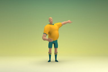 Sarı gömlek ve yeşil pantolon giyen bir atlet konuşurken el ifadesidir. Oyunculuktaki çizgi film karakterinin 3d canlandırması.