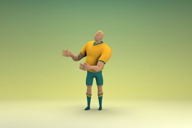 Sarı gömlek ve yeşil pantolon giyen bir atlet konuşurken el ifadesidir. Oyunculuktaki çizgi film karakterinin 3d canlandırması.