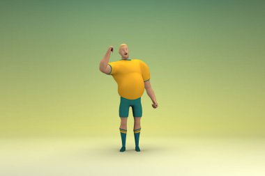 Sarı gömlek ve yeşil pantolon giyen bir atlet konuşurken el ifadesidir. Oyunculuktaki çizgi film karakterinin 3d canlandırması.