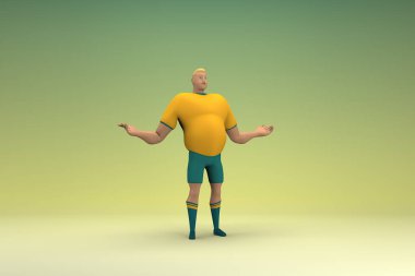 Sarı gömlek ve yeşil pantolon giyen bir atlet konuşurken el ifadesidir. Oyunculuktaki çizgi film karakterinin 3d canlandırması.