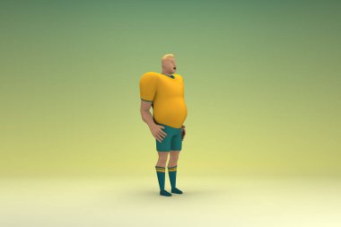 Sarı gömlek ve yeşil pantolon giyen bir atlet konuşurken el ifadesidir. Oyunculuktaki çizgi film karakterinin 3d canlandırması.