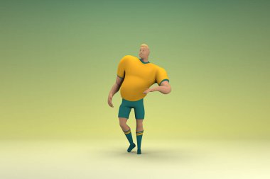 Sarı gömlek ve yeşil pantolon giyen bir atlet konuşurken el ifadesidir. Oyunculuktaki çizgi film karakterinin 3d canlandırması.