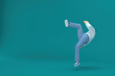 Çizgi film karakteri kot pantolon ve uzun gömlek giyiyor. Oyunculukta 3 boyutlu canlandırma. Düşüyor..